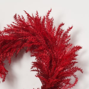 K&ouml;nnte beinhalten: Ein roter Pampasgras-Kranz. Das Gras ist in einer kreisf&ouml;rmigen Form angeordnet, wodurch ein voller und flauschiger Kranz entsteht.
