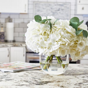 Large White Hydrangea & Eucalyptus Arrangement in Rounded Glass Vase image 7