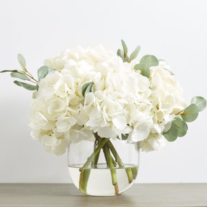 Large White Hydrangea & Eucalyptus Arrangement in Rounded Glass Vase image 3