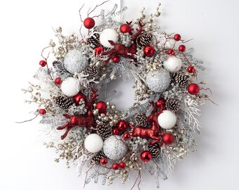 Dashing Through the Snow - Leaping Deer, Ornaments with Snowy Branches & Berries Pre-lit Christmas Holiday Front Door Wreath