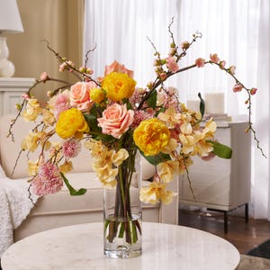 Spring Reverie - Yellow Peony, Pink Cherry Blossom, Coral Rose & Bougainvillea Large Spring Summer Centerpiece