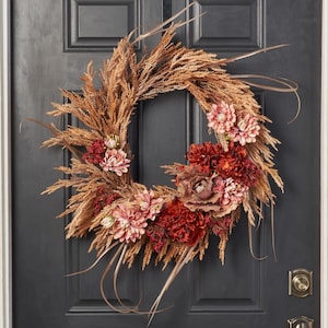 Rustic Elegance with Faux Peony & Autumn Cabbage Blooms Front Door Fall Wreath Mantle Decor