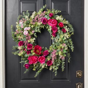 Blooming Season - Beauty Peony & Rose, Lilac with Mixed Eucalyptus Spring Summer Front Door Wreath