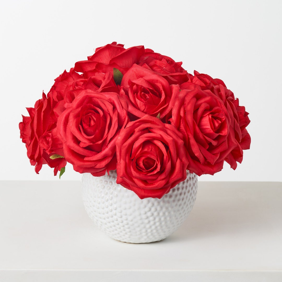 Classic Red Silk Rose Everyday Flower Arrangement in Small White Bubble Vase Etsy