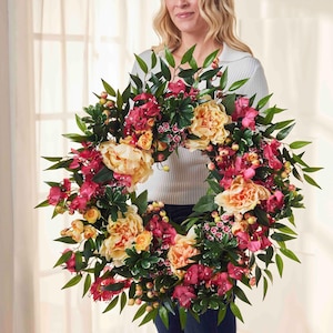 Tropical Pink Bougainvillea & Peach Peony Spring Summer Wreath
