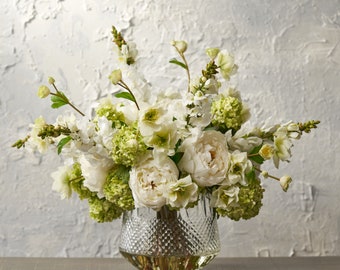 Pure Bliss - Real Touch White Peony, Green Snowball, Hellebores & Snapdragon in Crystal Cut Lux Bowl Vase