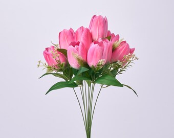 Rosa Seiden-Tulpenblüte & Blattstiel-Blumenstrauß-Imitat-Blumenspray - 19 "