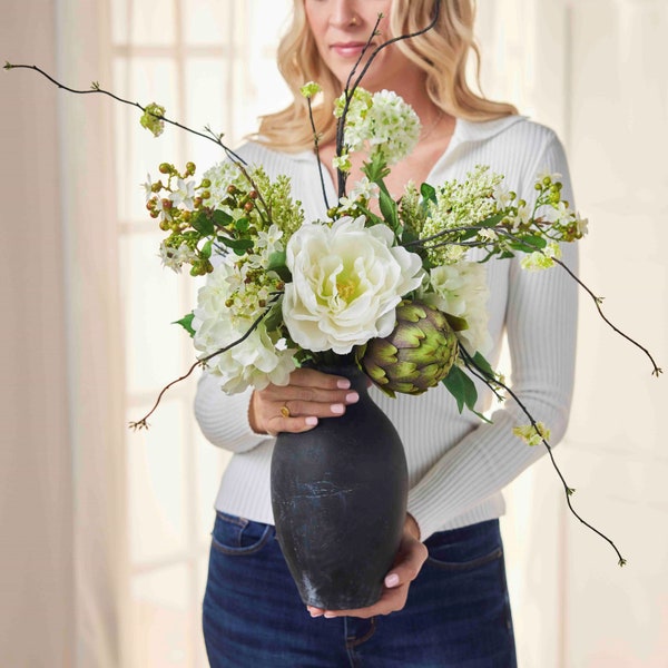 Summers In Tuscany - White Peony, Green Artichoke & Mini Cherry Blossom Branch In Black Terracotta Artifact Vase