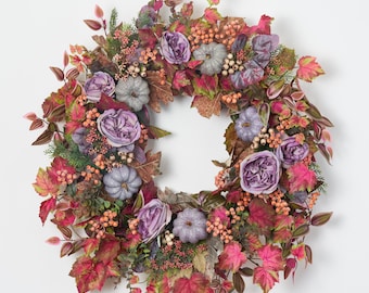 Purple Pumpkin, Pink Dusty Rose & Orange Washed Current Berry Front Door Fall Wreath