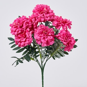 Fuchsia Pink Silk Marigold Blooms Faux Bush Stem Bouquet - 12&quot;