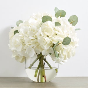 Large White Hydrangea & Eucalyptus Arrangement in Rounded Glass Vase image 4