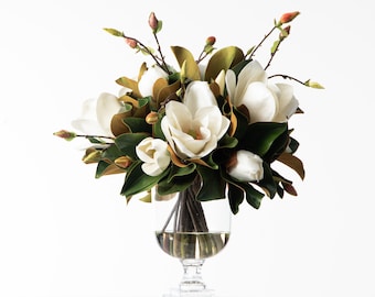 Arreglo floral de magnolia: Centro de mesa floral artificial de tacto realista