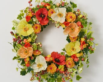 Orange Blooms - Poppy, Ranunculus, Hydrangea & Gooseberry Spring Summer Front Door Wreath