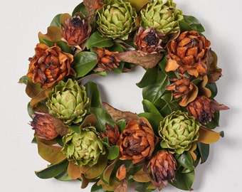 Rustic Abundance - Green & Brown Artichoke with Real Touch Magnolia Leaf Fall Everyday Front Door Wreath