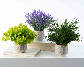 Herbs de Provence - French Lavender, Mint, & Rosemary Faux Plant Arrangement in Concrete Pot