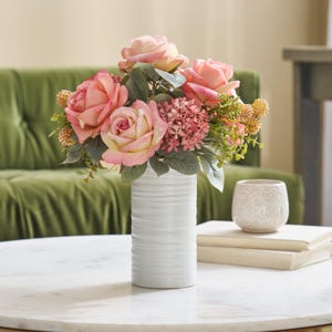 Mixed Pink Rose & Snowball Floral Bouquet in White Tall Cylinder Vase Spring Fall Arrangement
