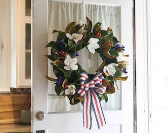 Red, White and Bloom - Real Touch Magnolia Wreath With Navy Blue Cosmos, Red Berry & Cream Magnolia Bloom