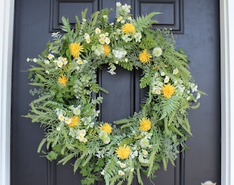 Yellow & White Dried-Look Wildflower, Green Astilbe Spring Summer Wreath