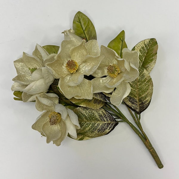 Gold Metallic Large Magnolia Bloom & Green Leaf Foliage Christmas Bush- 17"