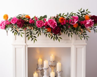 Exotic Beauty - Dahlia, Pink Bougainvillea & Orange Ranunculus Spring Summer Mantle Garland Table Runner  - Available in Multiple Lengths