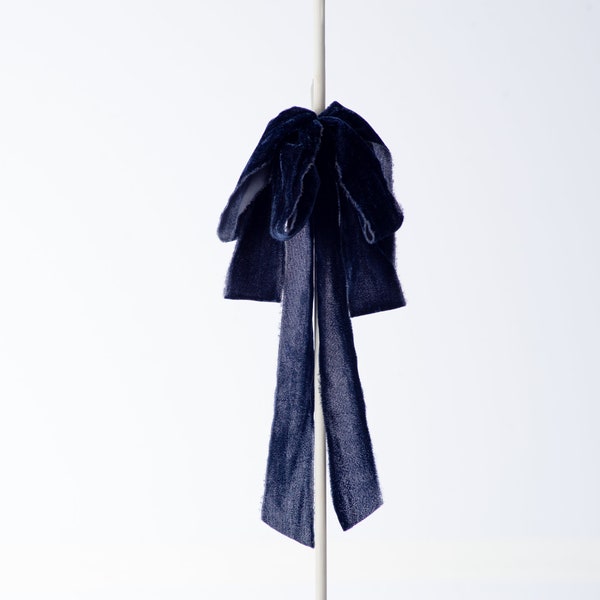 Blue Raw Edge Silk Velvet Velvet Lux Drape Loop Bow