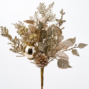 Champagne Gold & Bronze Glitter Leaf, Berry, Pinecone Shiny Ball Holiday Spray - 16&quot;