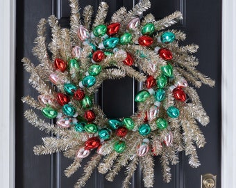 Razzle Dazzle Christmas - Gold and Silver Tinsel Wreath with Vintage Bulbs In Pink, Turquoise, Green & Red