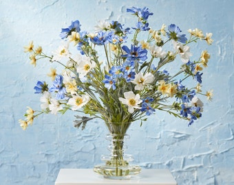 Wildflower Mixed Cosmos Bouquet In Tiered Modern Glass Vase Everyday Spring Water Illusion Arrangement