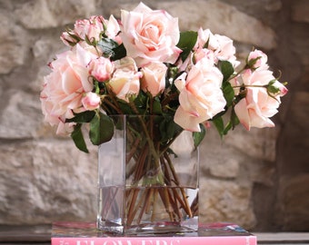 Blush Pink Real Touch Rose & Buds Floral Arrangement in Modern Glass Rectangle Vase