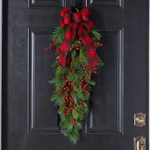 Red Berry & Belgium Pine Front Door Hanging Christmas Swag with Red Plaid Glitter Bow
