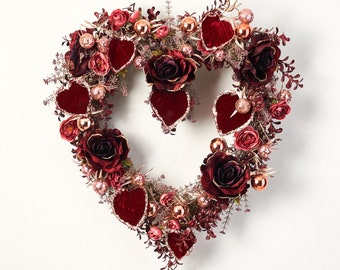 Whatever Lola Wants - Luxury Velvet Gold Tip Burgundy Rose & Glitter Edged Aspen Leaf Heart Shaped Wreath