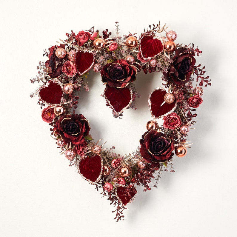 Whatever Lola Wants Luxury Velvet Gold Tip Burgundy Rose & Glitter Edged Aspen Leaf Heart Shaped Wreath image 1