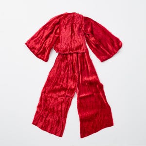 Puede incluir: Un llamativo mono de terciopelo rojo con perneras anchas y un top a juego. El top presenta mangas anchas y fluidas. La tela tiene un aspecto suave y texturizado. El mono se muestra sobre un fondo blanco.