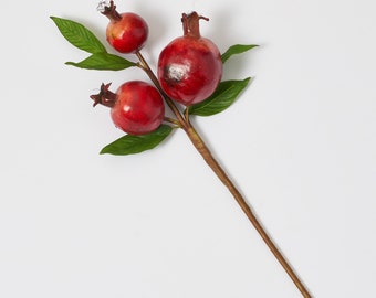 Burgundy Red Pomegranate Artificial Fruit & Leaf Stem Wired Branch - 15"