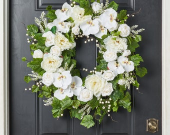 White Real Touch Orchid, Peony & Rose Spring Summer Front Door Wreath