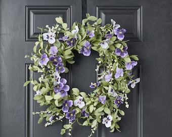 Mixed Purple Pansy Spring Summer Front Door Wreath - 22"