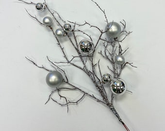 Shiny Silver & Matte Gray Ornament Metallic Winter Twig Spray Branch- 24"