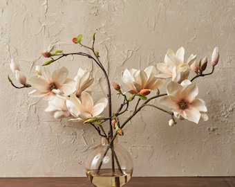 Apricot Magnolia Blooms & Bud Branches in Amber Ball Vase Everyday Water Illusion Arrangement