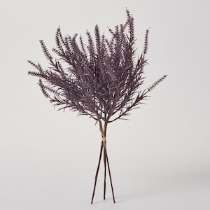 Peut inclure: Un bouquet de tiges de lavande artificielles dans des tons violets. Les tiges sont attachées avec de la ficelle, et les longues feuilles minces et les épis floraux créent un aspect texturé. Les tiges sont de couleur marron foncé.