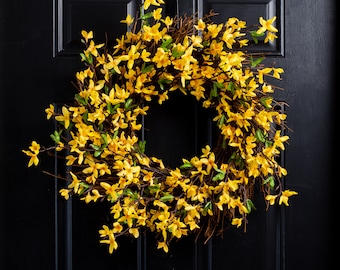 Golden Yellow Forsythia on Twig Base Spring Summer Front Door Wreath 22"