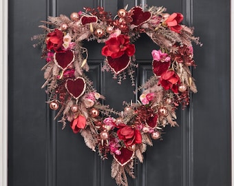Whatever Lola Wants - Luxury Velvet Red Magnolia, Pink Ranunculus  Metallic Pink Pine & Glitter Edged Aspen Leaf Heart Shaped Wreath