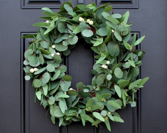 Real Touch Seeded Mixed Needle & Silver Dollar Eucalyptus, White Berry Everyday Front Door Wreath