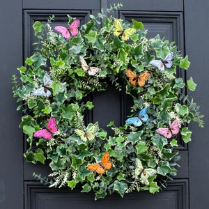 Rainbow Butterfly, Eucalyptus & Ivy Spring Summer Front Door Wreath