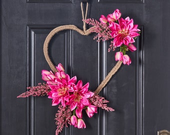 Jute Rope Heart Wreath, Pink Tulip, Dahlia & Heather, Valentines Day Wreath