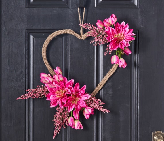 Jute Rope Heart Wreath, Pink Tulip, Dahlia & Heather, Valentines Day Wreath