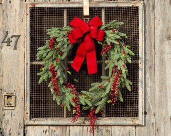 Christmas Pine & Iced Red Berry Downswept Wreath with Red Chenille Bow