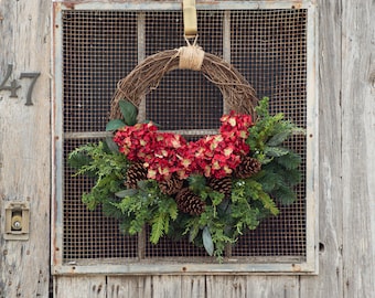 Burgundy Hydrangea, Mixed Greens & Pinecone Asymmetrical Fall Winter Front Door Wreath