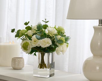 Real Touch White Floral Arrangement – Lisanthus, Thistle, Eucalyptus in Crystal Vase