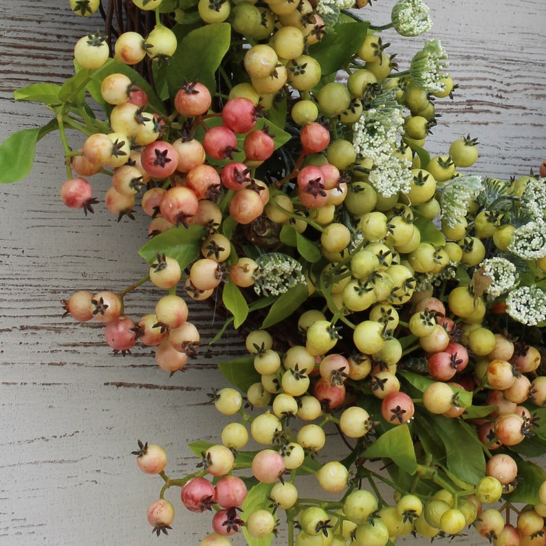 Pink & Green Pepperberry and Queen Annes Lace Front Door Spring Wreath image 3