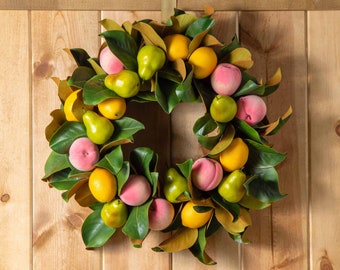 Southern Orchard - Fuzzy Peach, Meyer Lemons & Anjou Pear with Real Touch Magnolia Leaf Front Door Everyday Spring Summer Wreath